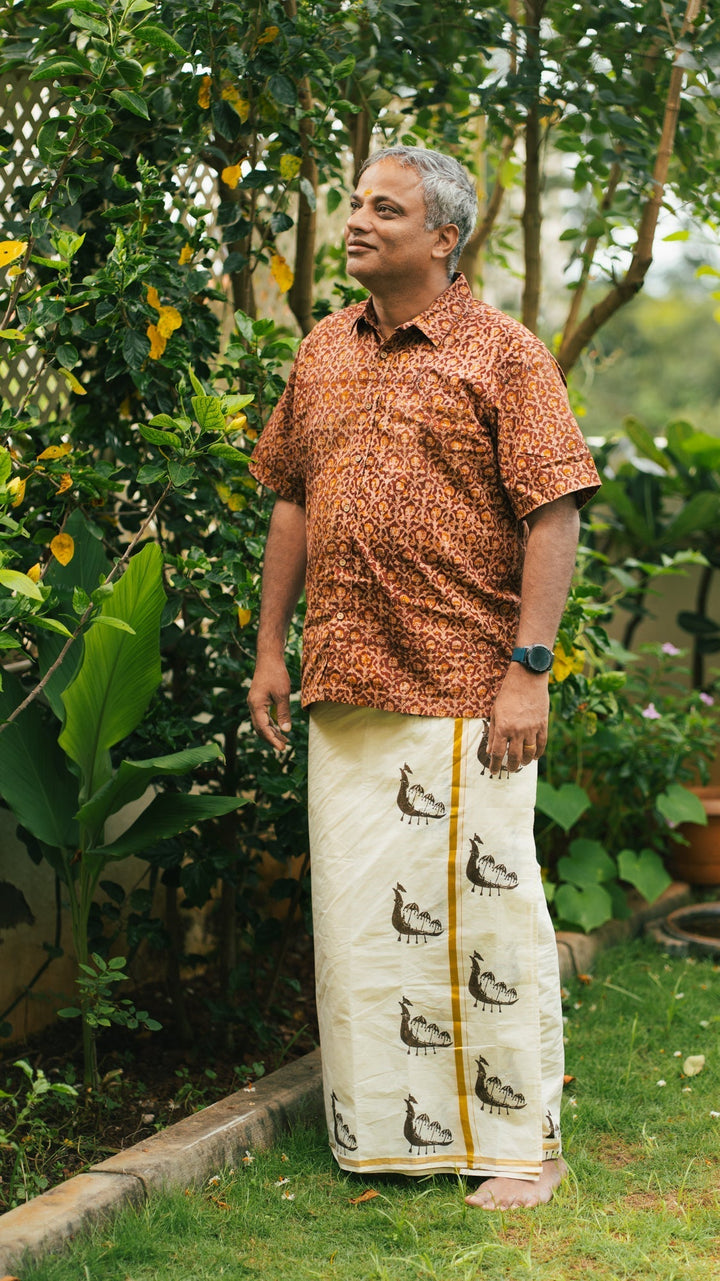 Onam Boat Handblock Mens Dhoti Vallamkali | SHOBITAM