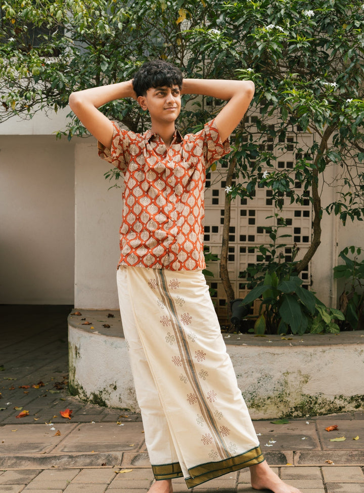 Onam Kolam Handblock Mens Dhoti Pookalam | SHOBITAM