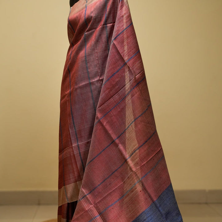 Onion Pink With Plue Handwoven Tussar Silk Saree | SILK MARK CERTIFIED | SHOBITAM