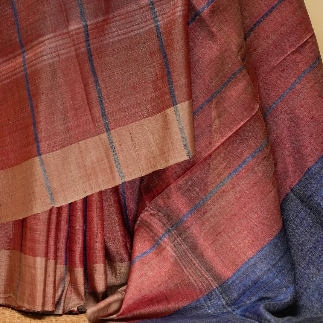 Onion Pink With Plue Handwoven Tussar Silk Saree | SILK MARK CERTIFIED | SHOBITAM