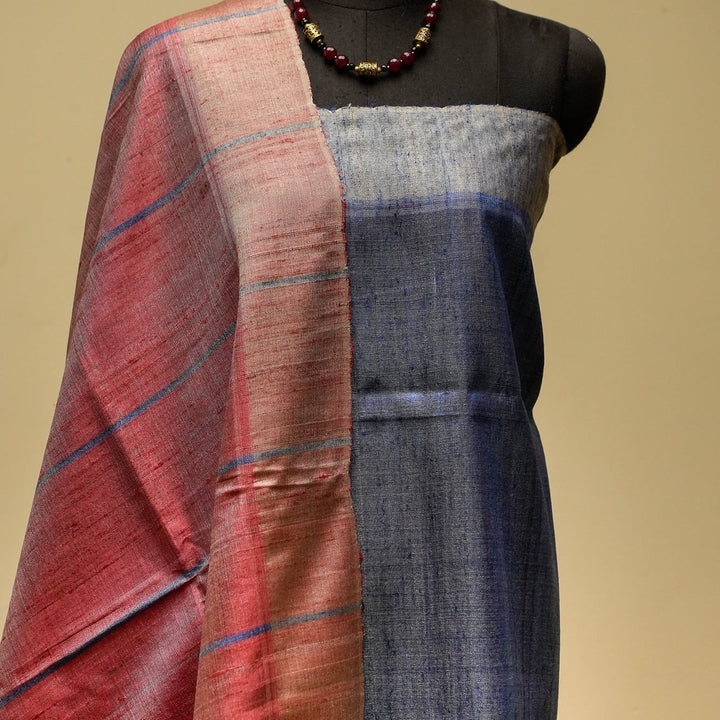 Onion Pink With Plue Handwoven Tussar Silk Saree | SILK MARK CERTIFIED | SHOBITAM
