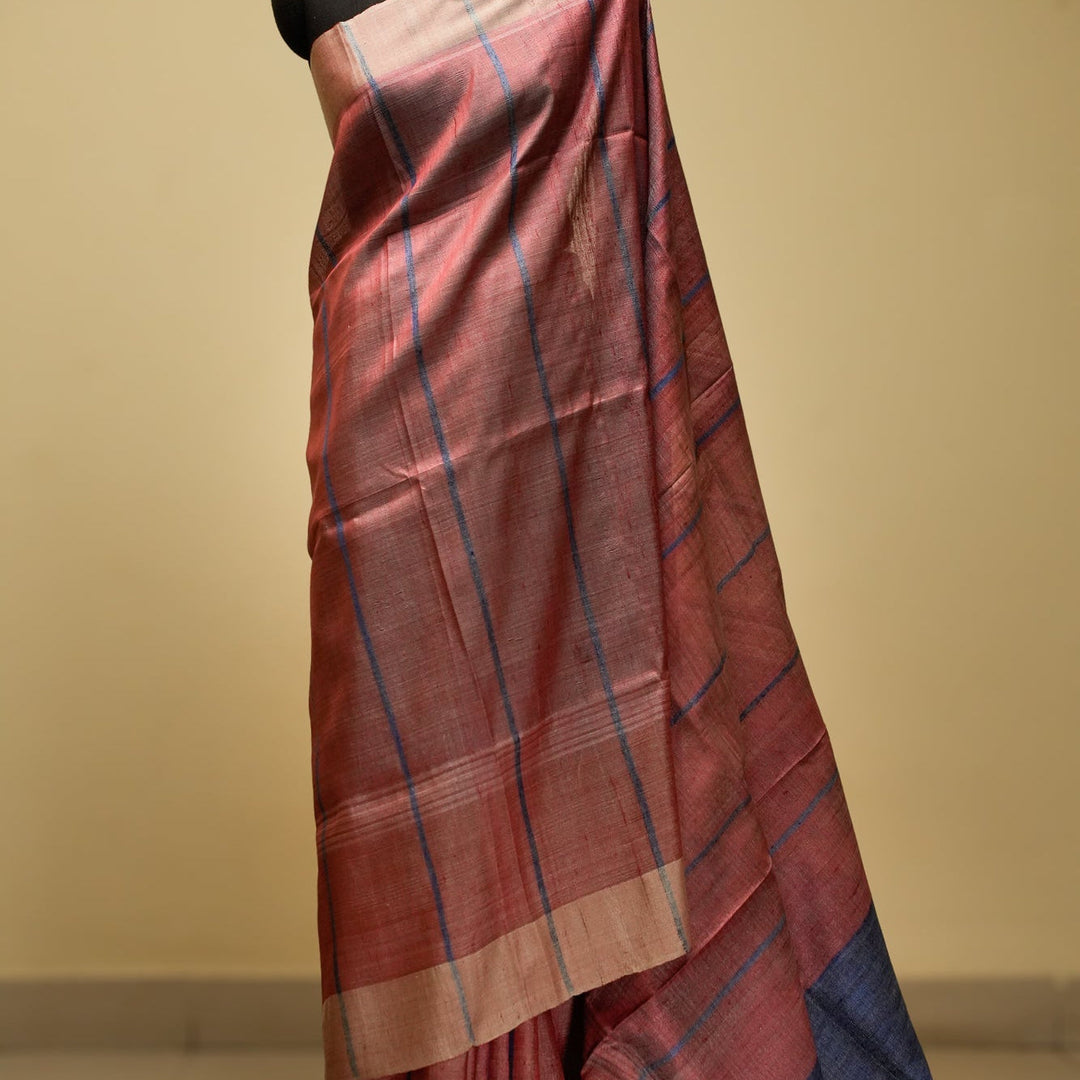 Onion Pink With Plue Handwoven Tussar Silk Saree | SILK MARK CERTIFIED | SHOBITAM