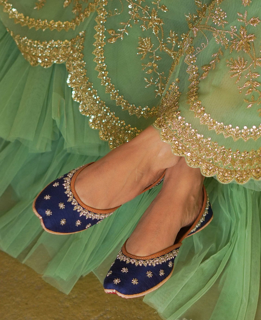 ALIZEH : Pastels and Pop X Anushree Reddy Navy Blue and Silver Embroidered Punjabi Juttis