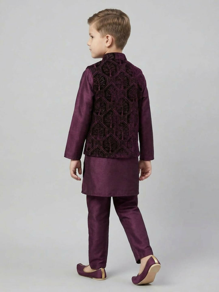 Boys Maroon Kurta Pajama Set with Embroidered Nehru Jacket | SHOBITAM