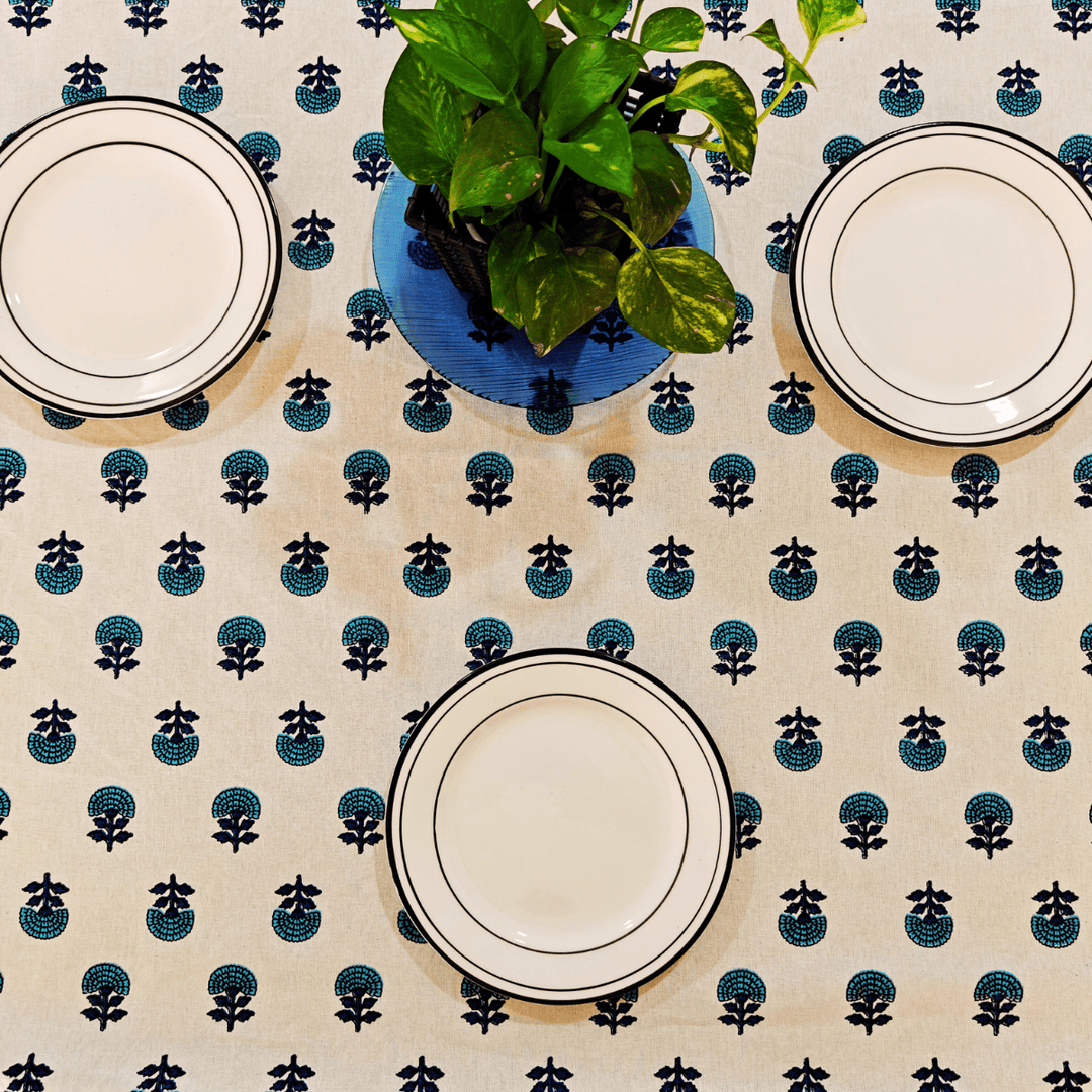 Shaina 6 Seater Dining Table Cover, Block Print, 100% Cotton, 60" x 90" | SHOBITAM
