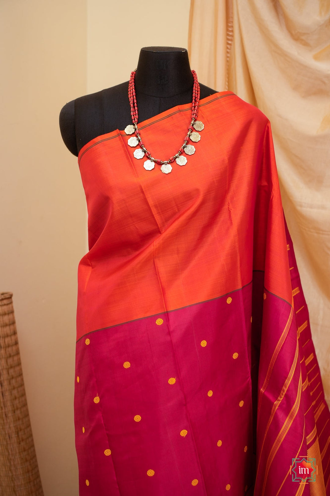 Orange and Red Kanjivaram Mubbagam Saree Thrayee | SILK MARK CERTIFIED | SHOBITAM