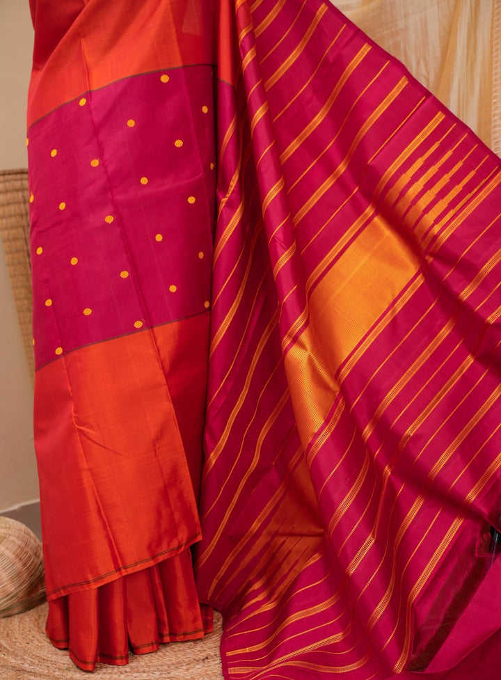 Orange and Red Kanjivaram Mubbagam Saree Thrayee | SILK MARK CERTIFIED | SHOBITAM