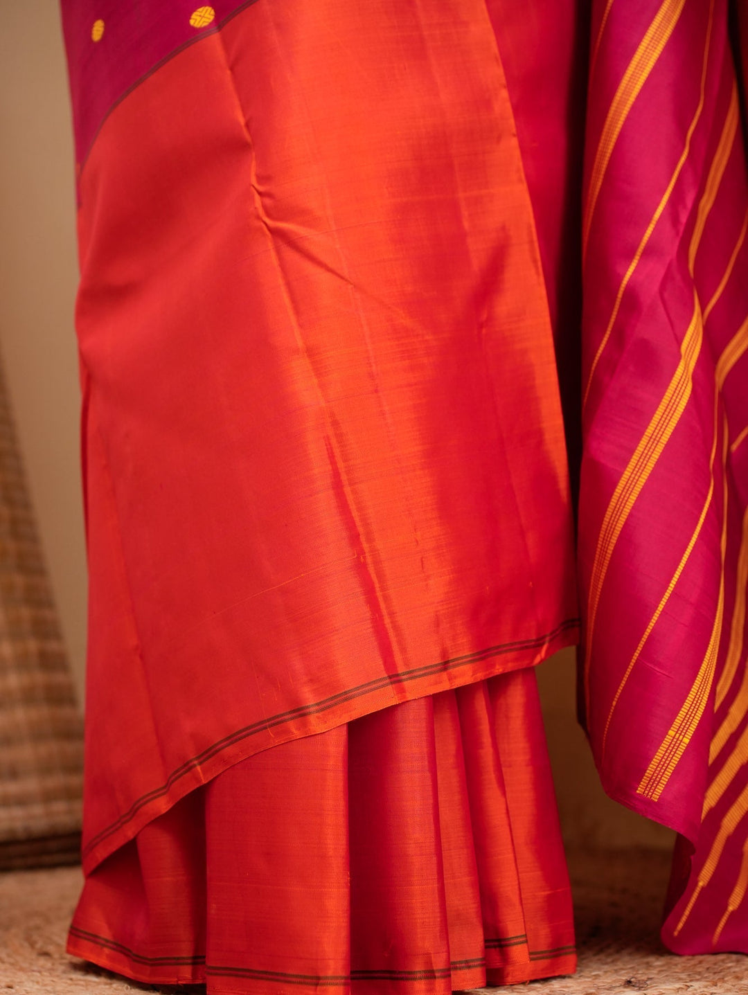 Orange and Red Kanjivaram Mubbagam Saree Thrayee | SILK MARK CERTIFIED | SHOBITAM