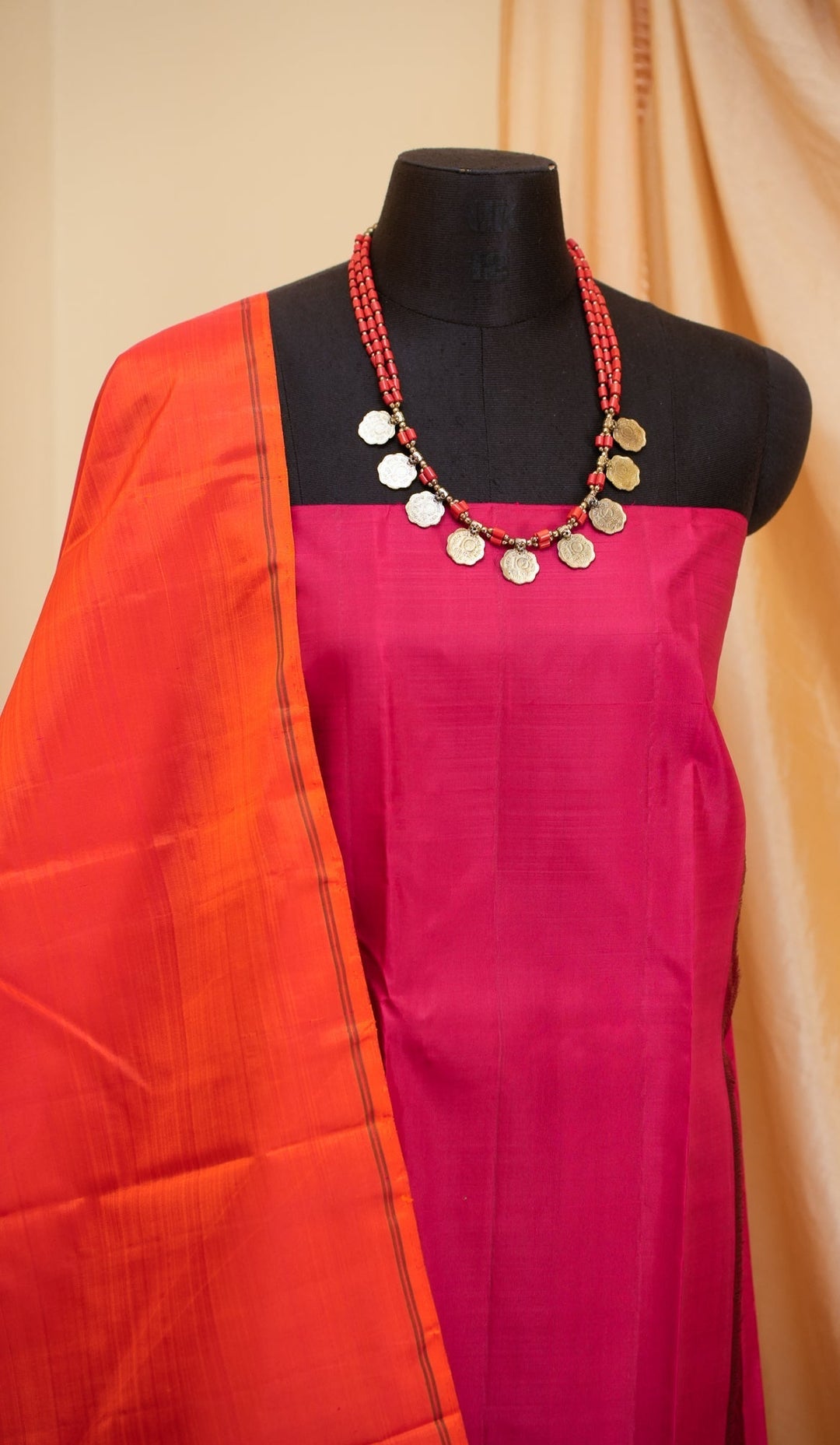 Orange and Red Kanjivaram Mubbagam Saree Thrayee | SILK MARK CERTIFIED | SHOBITAM