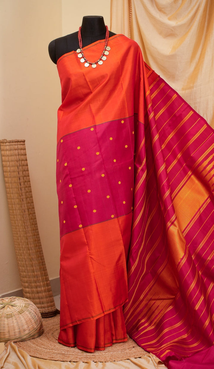 Orange and Red Kanjivaram Mubbagam Saree Thrayee | SILK MARK CERTIFIED | SHOBITAM