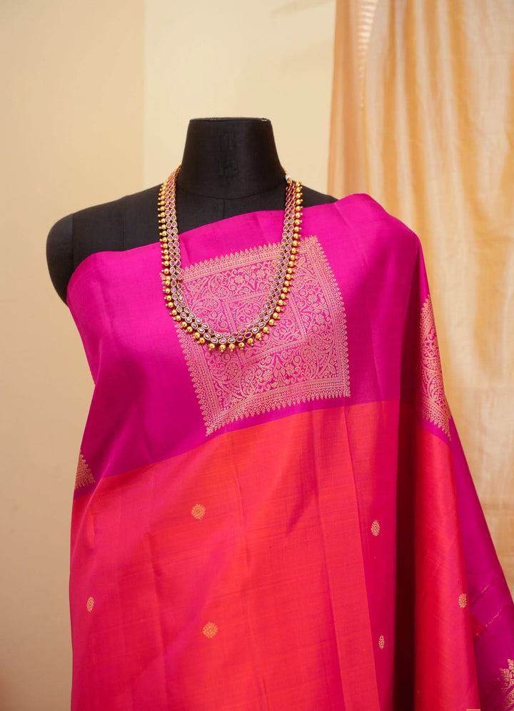 Orange with Pink Kanjivaram Handloom Saree Agnee | SILK MARK CERTIFIED | SHOBITAM