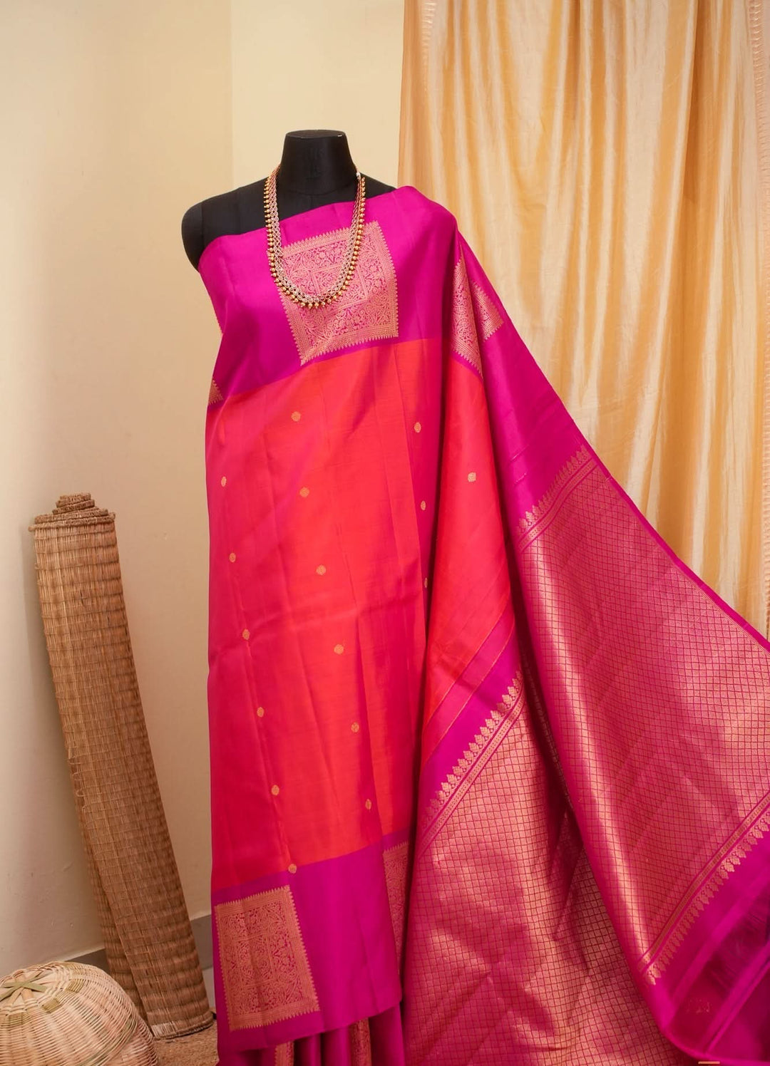 Orange with Pink Kanjivaram Handloom Saree Agnee | SILK MARK CERTIFIED | SHOBITAM