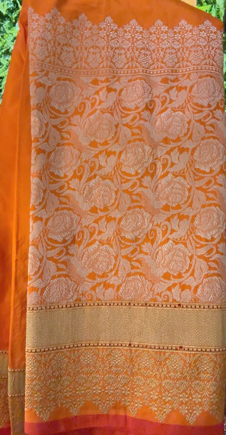 Orange Banarasi Pure Silk Saree with Intricate Rose Jaal Zari Border | SILK MARK CERTIFIED
