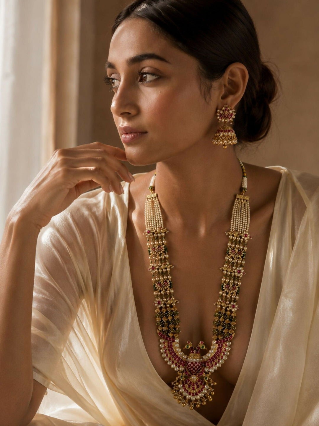 Royal Peacock Kundan Necklace Set with Pearl Layers & Emerald Accents | Shobitam