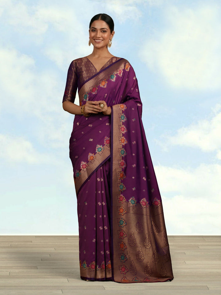 Dark Violet Semi Banarasi Silk Blend Saree With Zari Woven Work | SHOBITAM