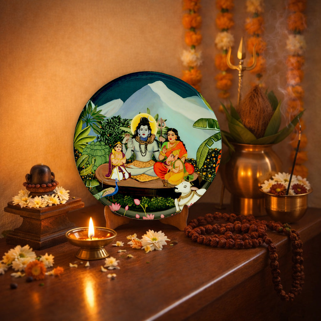 Shiv Parivar in Kailasha Art Wall plate with Wooden Stand - 10 inches