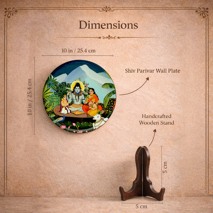 Shiv Parivar in Kailasha Art Wall plate with Wooden Stand - 10 inches