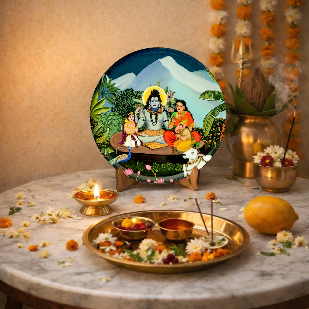 Shiv Parivar in Kailasha Art Wall plate with Wooden Stand - 10 inches