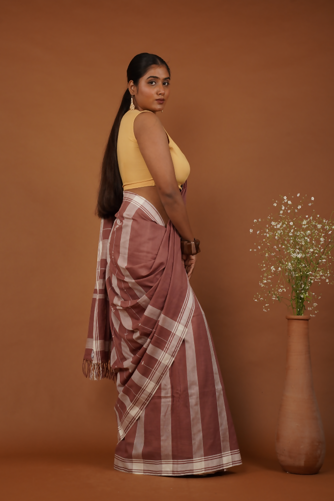 Flying Bird Handwoven Bawan Buti Terrocota Rose Cotton Saree | SHOBITAM