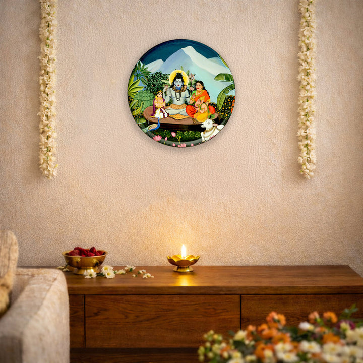 Shiv Parivar in Kailasha Art Wall plate with Wooden Stand - 10 inches