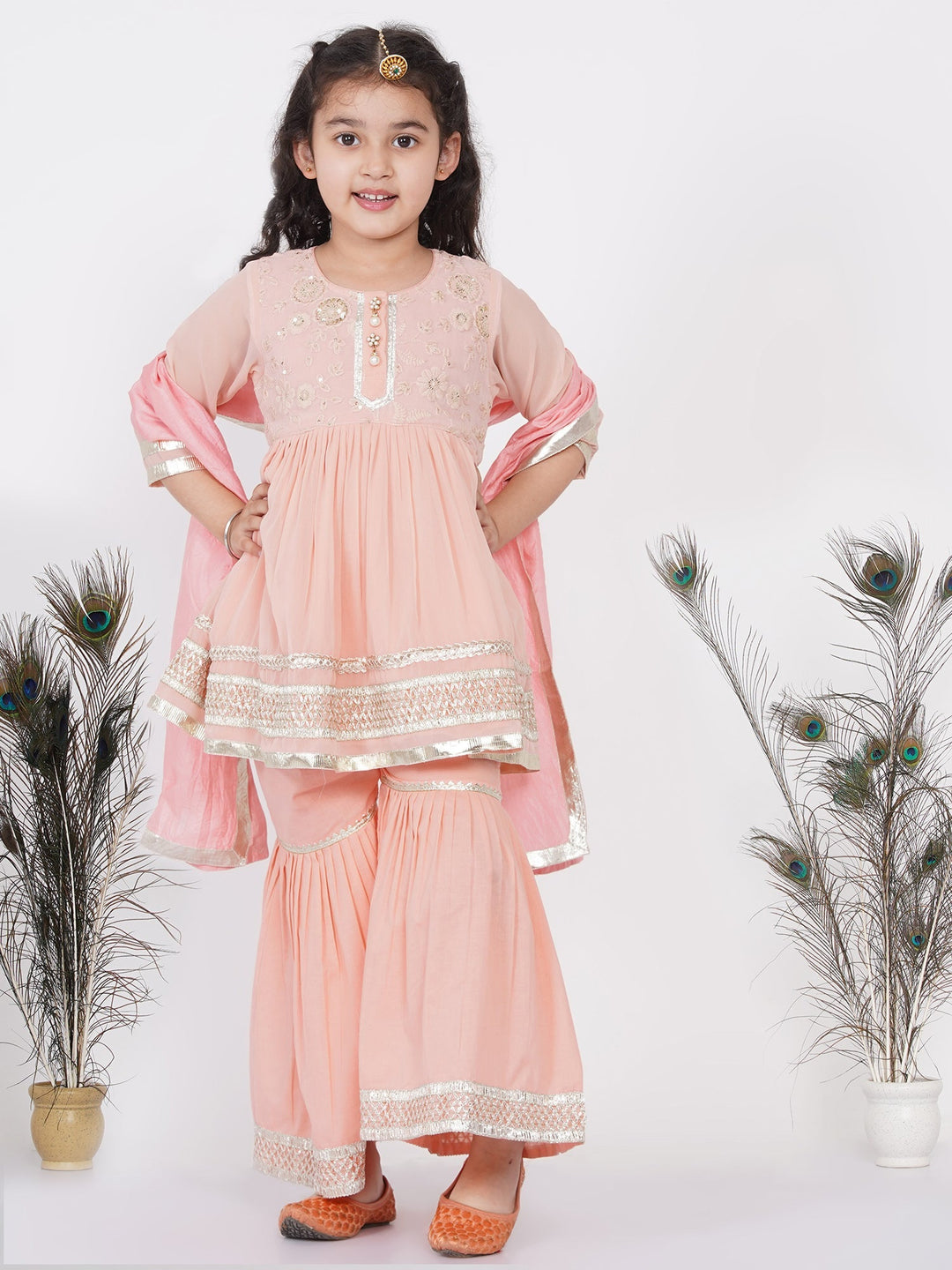 Girls Gotta Patti work Kurta frock with Sharara and Dupatta | SHOBITAM