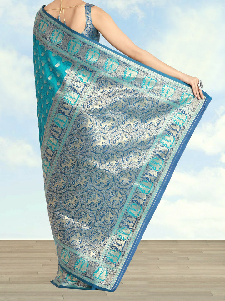Turquoise blue Color Weaving Semi Banarasi Silk Saree| SHOBITAM