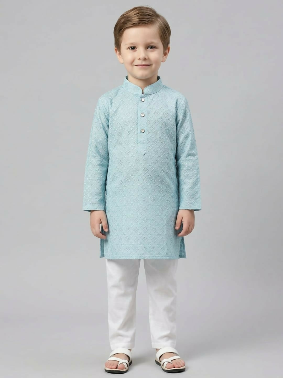 Boys Teal Textured Kurta Pajama Set | Ethnic Wear for Kids | SHOBITAM