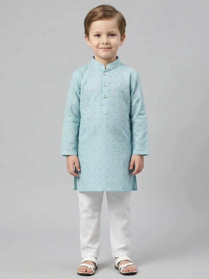 Boys Teal Textured Kurta Pajama Set | Ethnic Wear for Kids | SHOBITAM