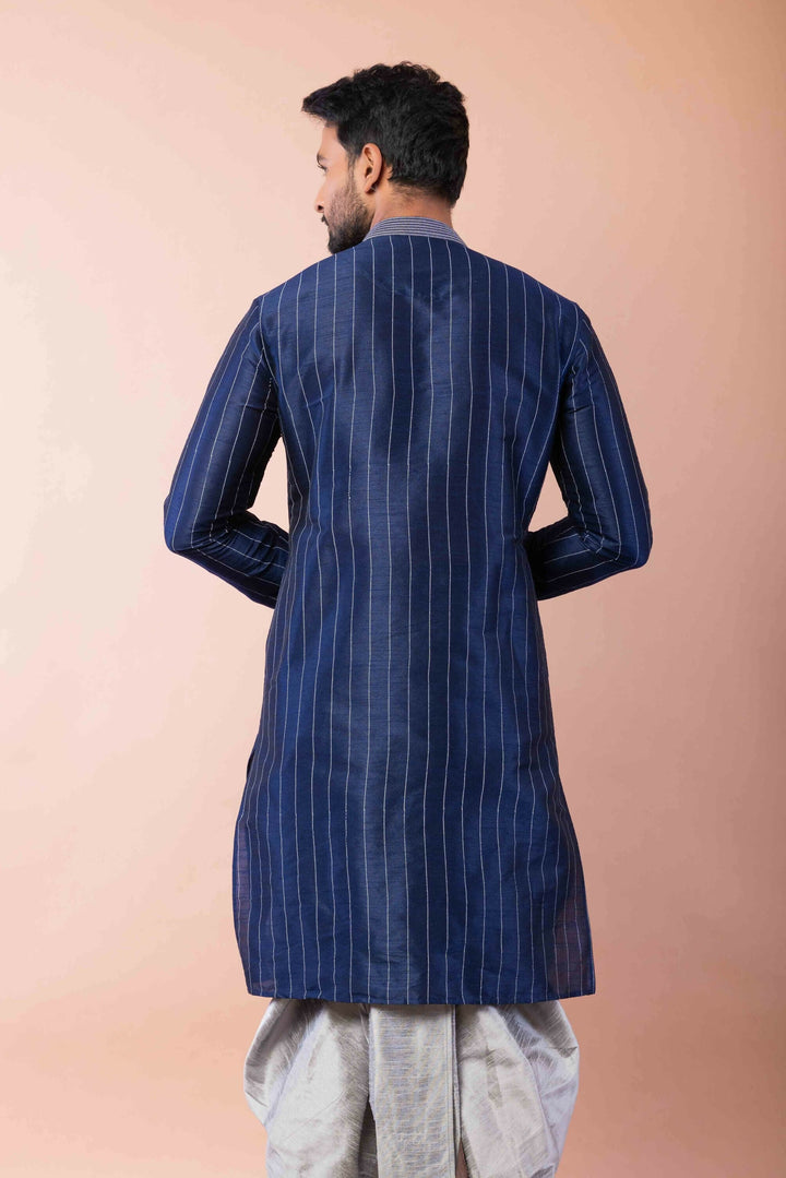 Prakatha Blue Silk Blend Kurta Dhoti Set For Men With Embroidered Work | SHOBITAM