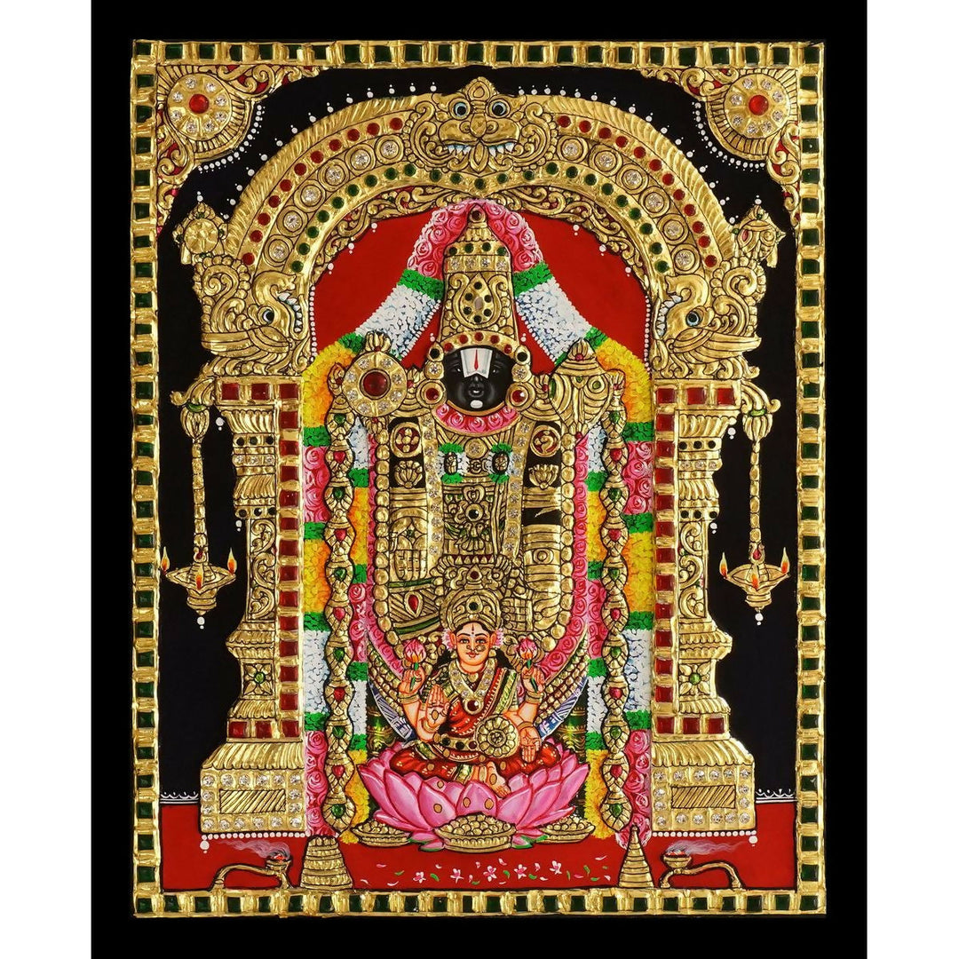 12*15 Authentic TANJORE PAINTING BALAJI PATHALAKSHMI With 22 Ct gold Foil and Jaipur Gemstones,Unframed | SHOBITAM