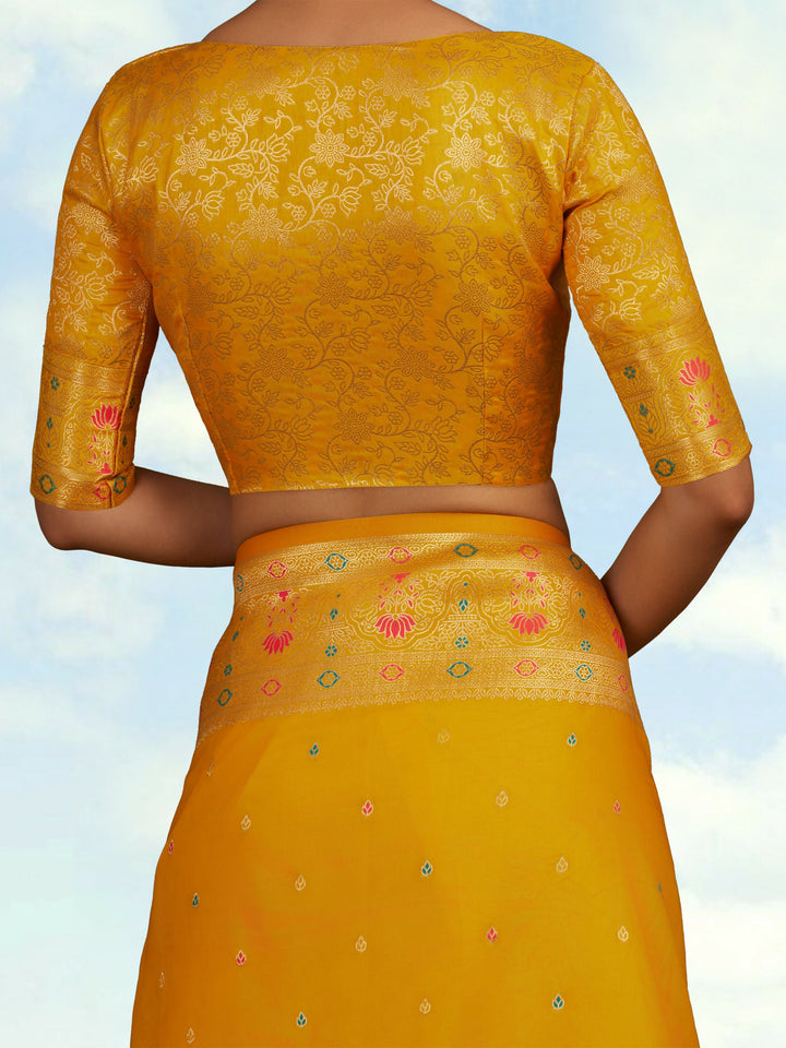 Yellow Banarasi Silk Blend Saree Comes with Unstitched blouse piece | SHOBITAM