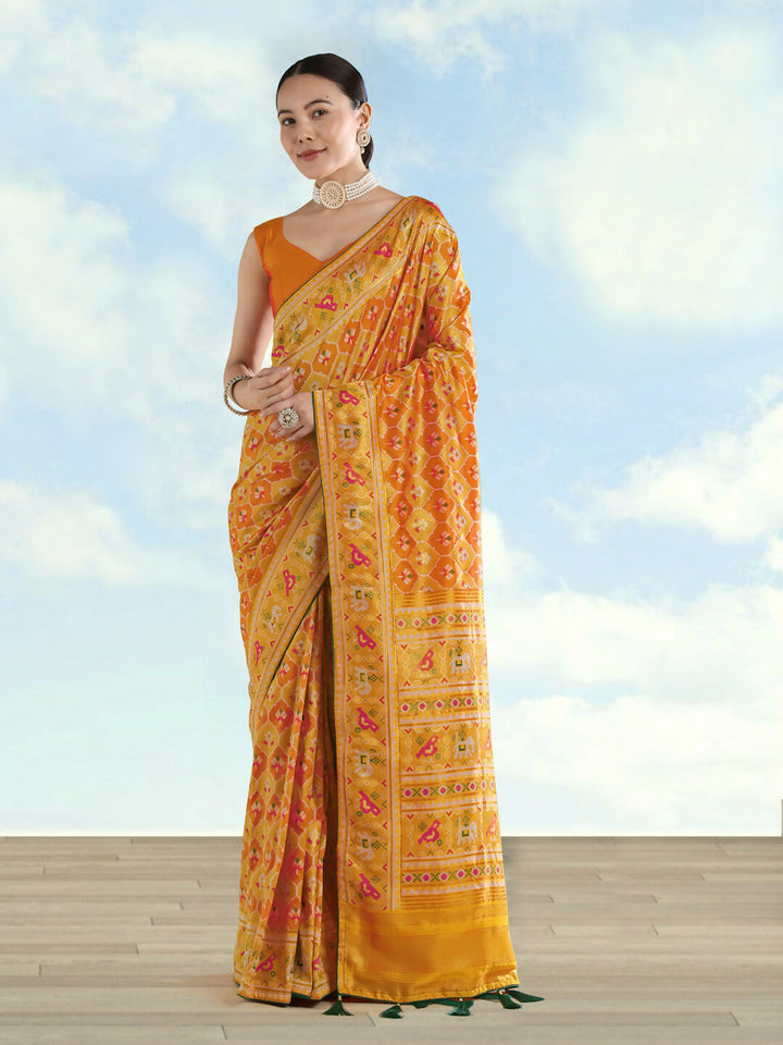Mustard Semi Banarasi Satin Silk Saree With Patola Work | SHOBITAM