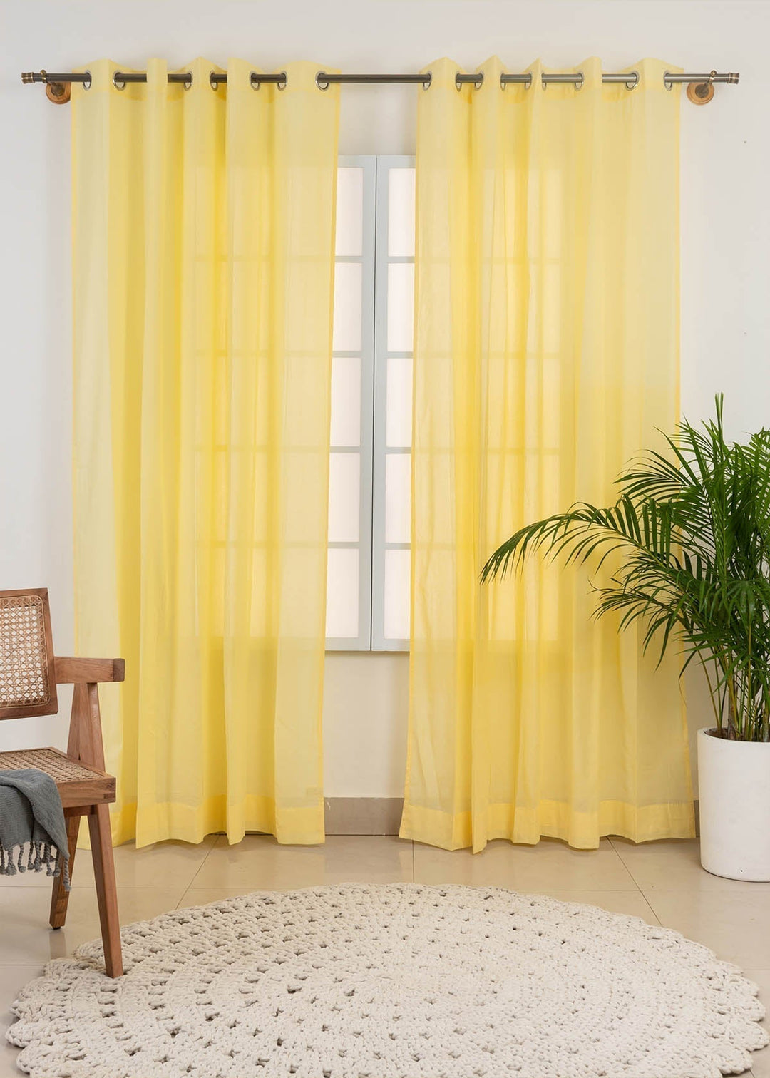 Solid Pale Yellow sheer 100% cotton plain curtain for Living room & bedroom - Light filtering - Single Piece | SHOBITAM