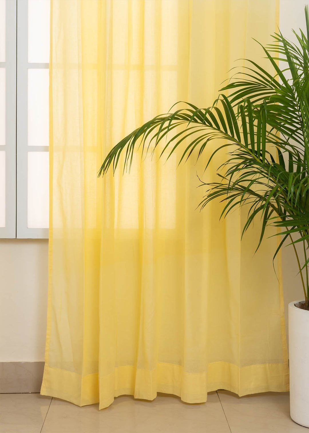 Solid Pale Yellow sheer 100% cotton plain curtain for Living room & bedroom - Light filtering - Single Piece | SHOBITAM