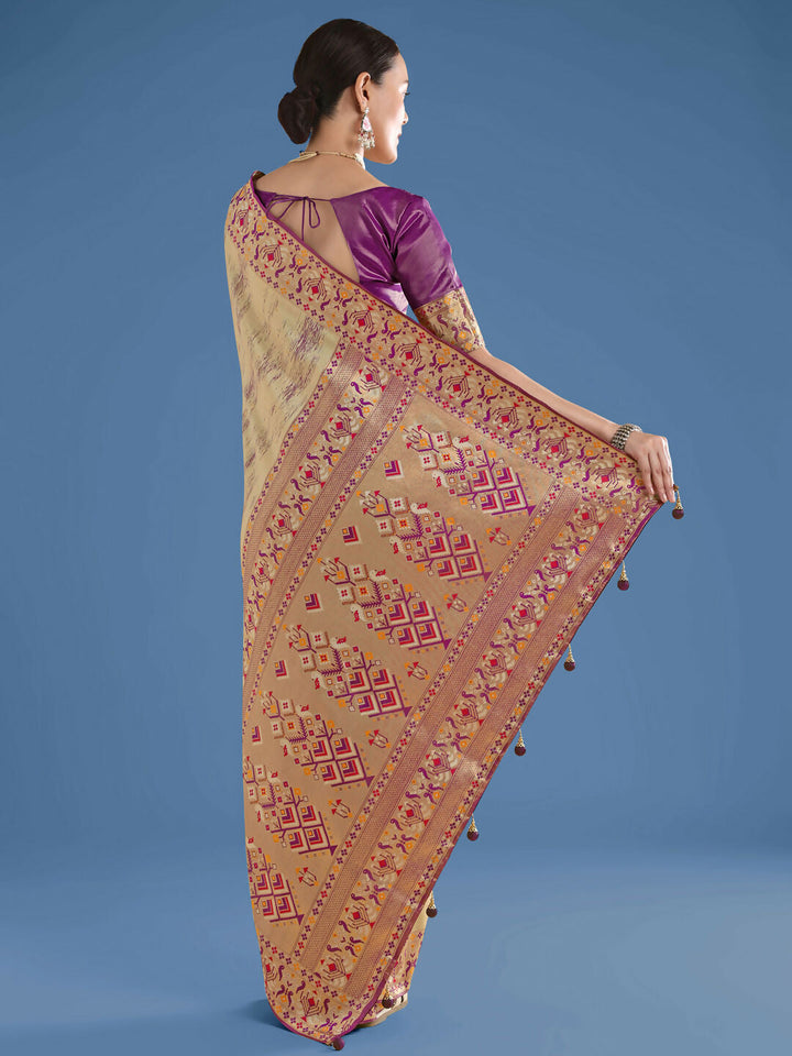 Beige Color Semi Banarasi Tissue Silk Paithani Woven Saree | SHOBITAM