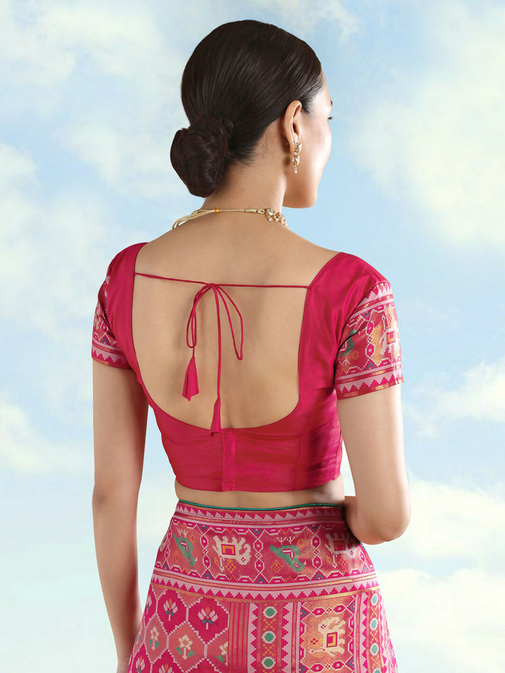 Rani Pink Semi Banarasi Satin Silk Saree With Patola Work | SHOBITAM