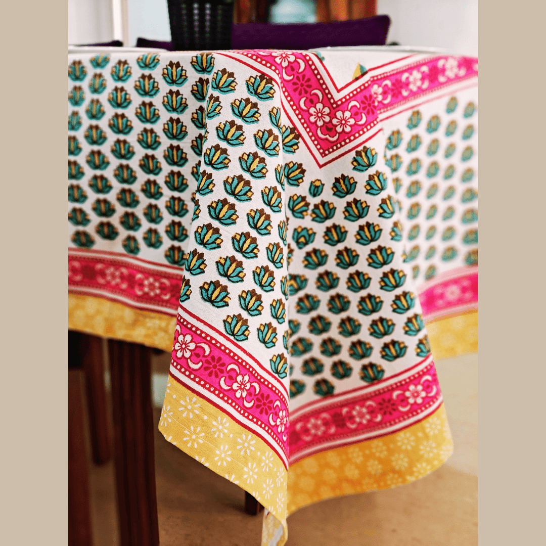 Ira 6 Seater Dining Table Cover, Block Print, 100% Cotton, 60" x 90" | SHOBITAM