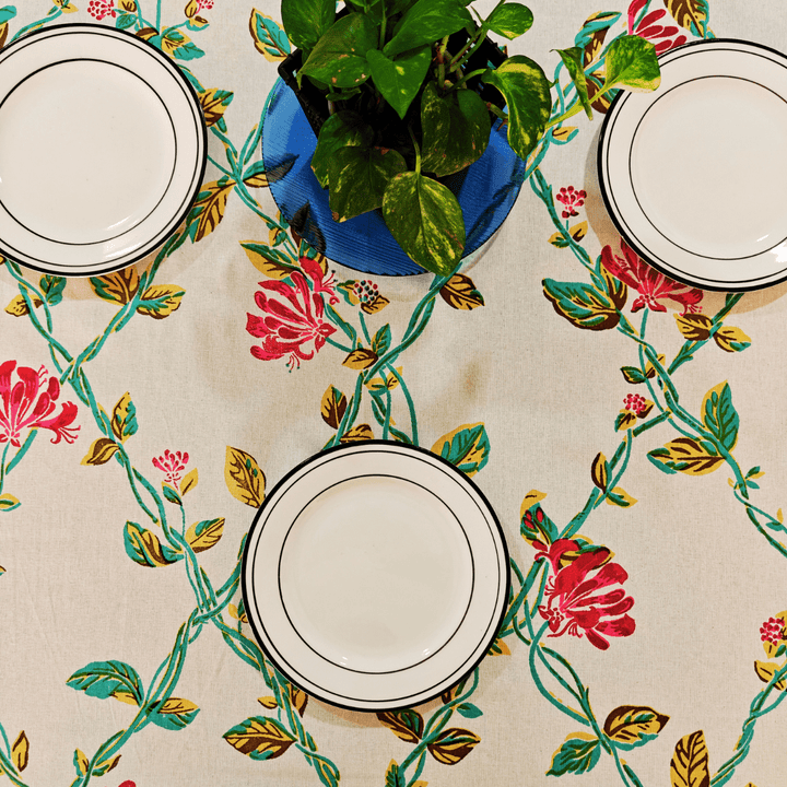 Ira 6 Seater Dining Table Cover, Block Print, 100% Cotton, 60" x 90" | SHOBITAM