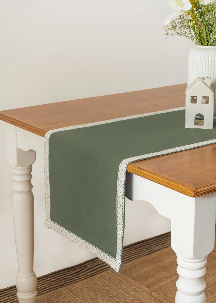 Solid Pepper Green 100% Cotton Table Runner with white Lace for 4 seater, 6 seater and 8 seater dining - Pepper Green | SHOBITAM