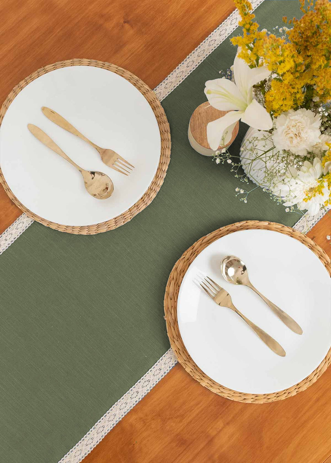 Solid Pepper Green 100% Cotton Table Runner with white Lace for 4 seater, 6 seater and 8 seater dining - Pepper Green | SHOBITAM