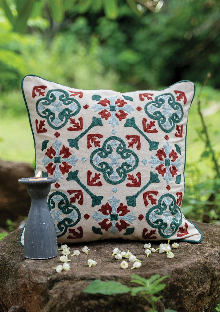 Peridot 100% Cotton Embroidered Red and Green Cushion Cover for Sofa - 16" x 16" | SHOBITAM