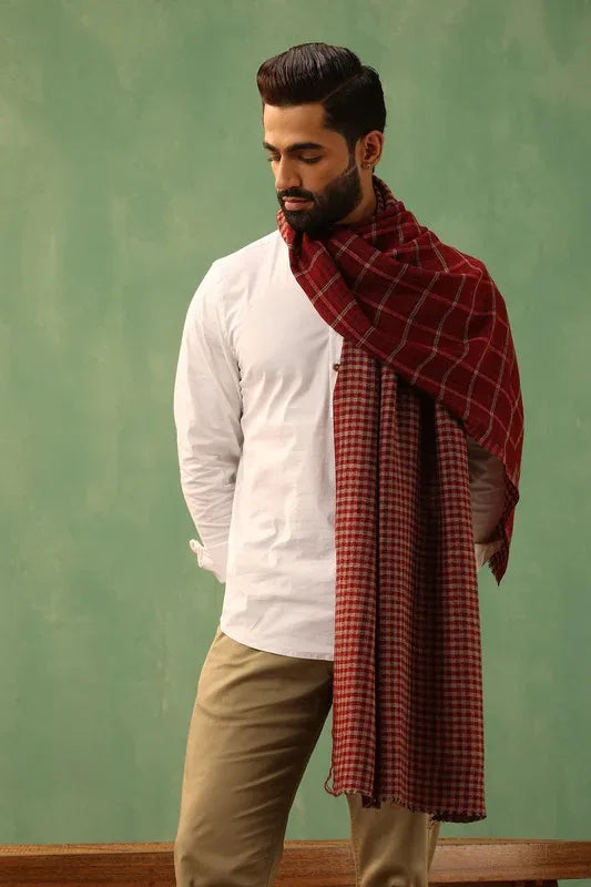 Riyaz Maroon Cashmere Checkered Stole for Men | SHOBITAM