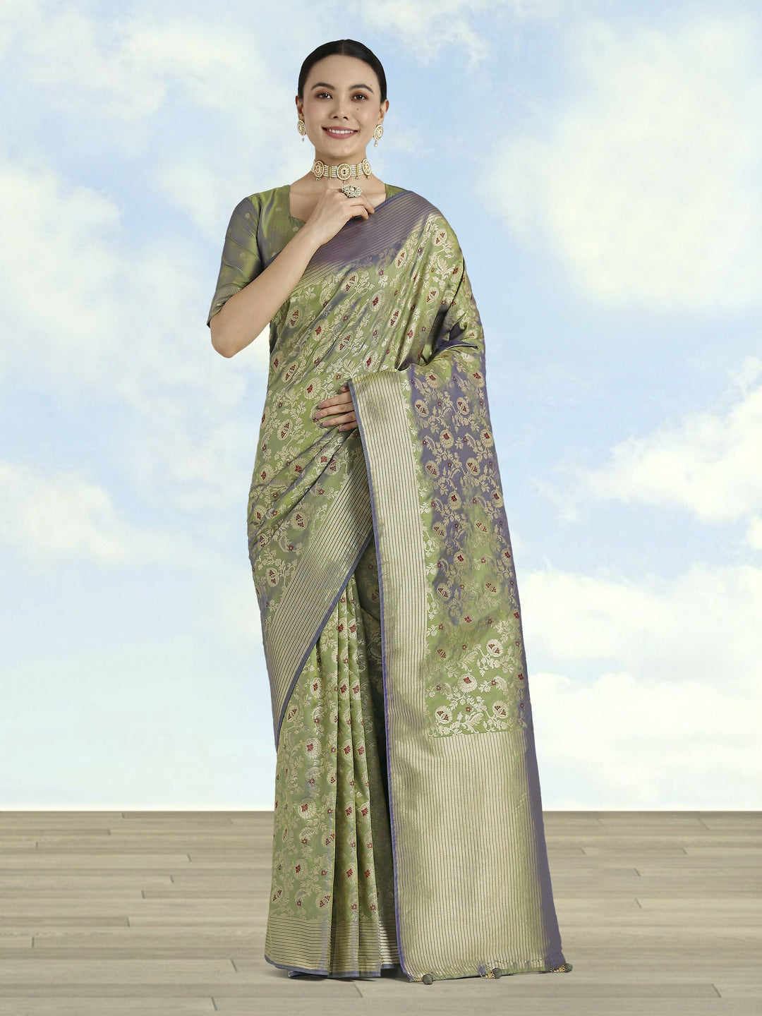 Banarasi Silk Olive jaal Pattern Saree | SHOBITAM