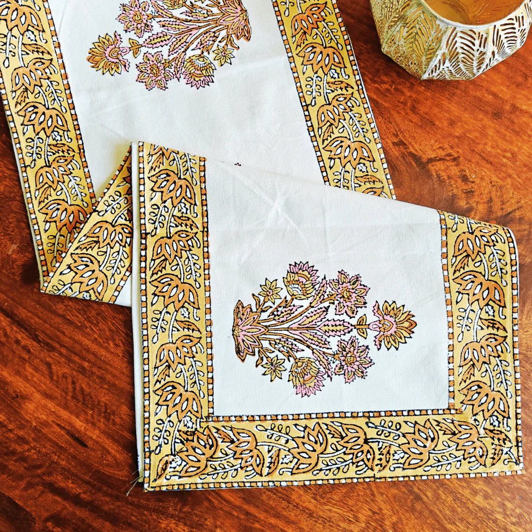 Phoolkari hand block printing Table Runner, 100% cotton, 13" X 72"