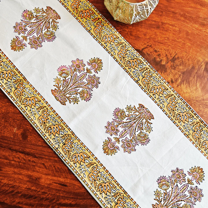 Phoolkari hand block printing Table Runner, 100% cotton, 13" X 72"
