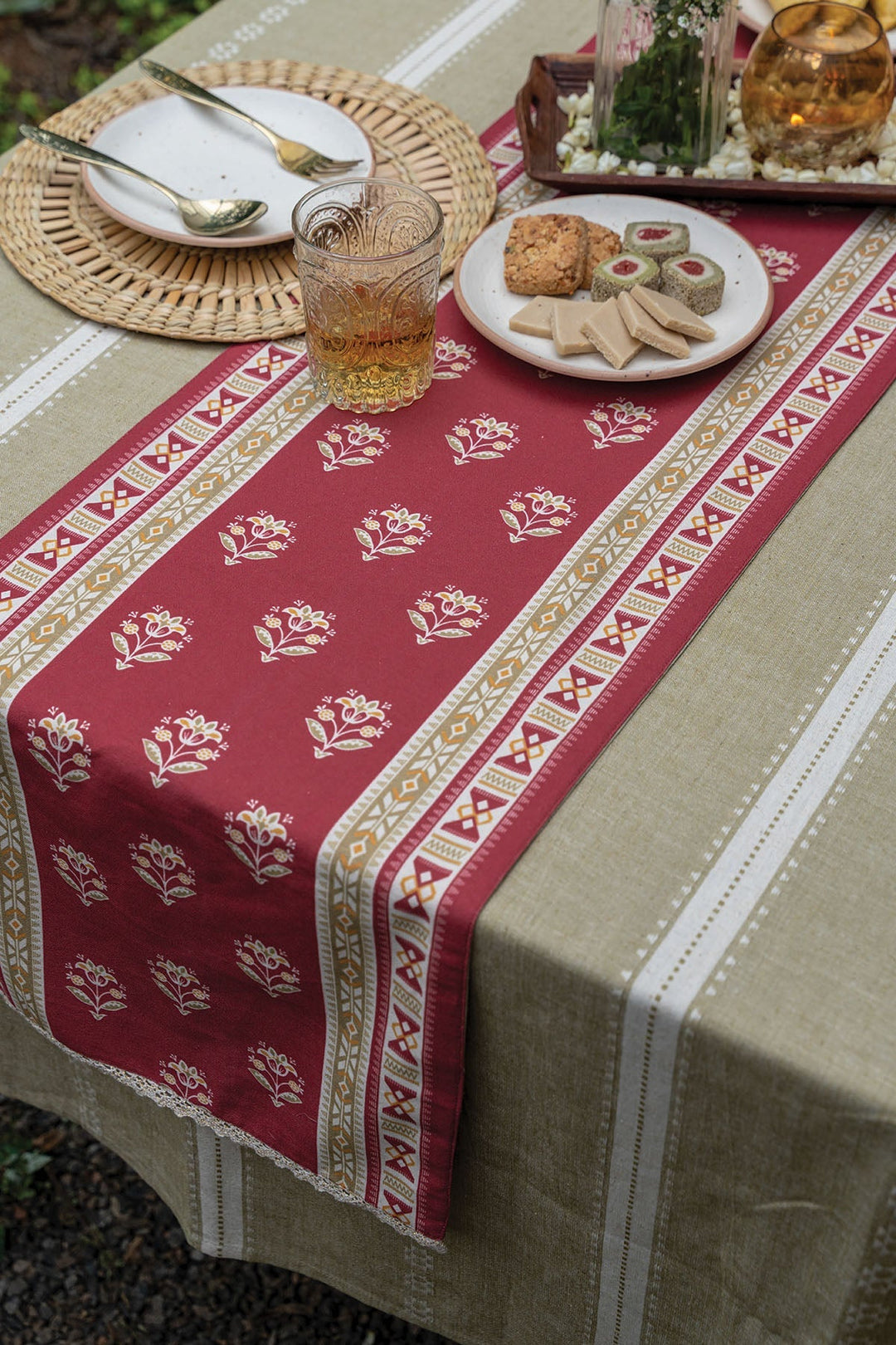 Phool Pink & Green Printed Table Runner – 100% Cotton | SHOBITAM