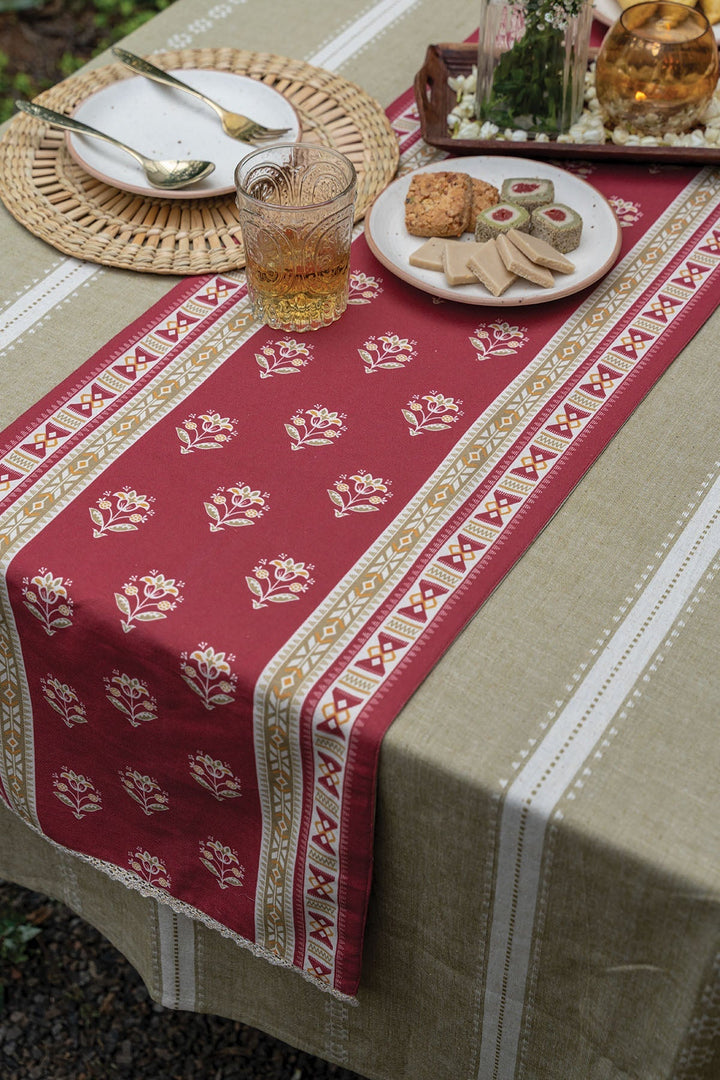 Phool Pink & Green Printed Table Runner – 100% Cotton | SHOBITAM