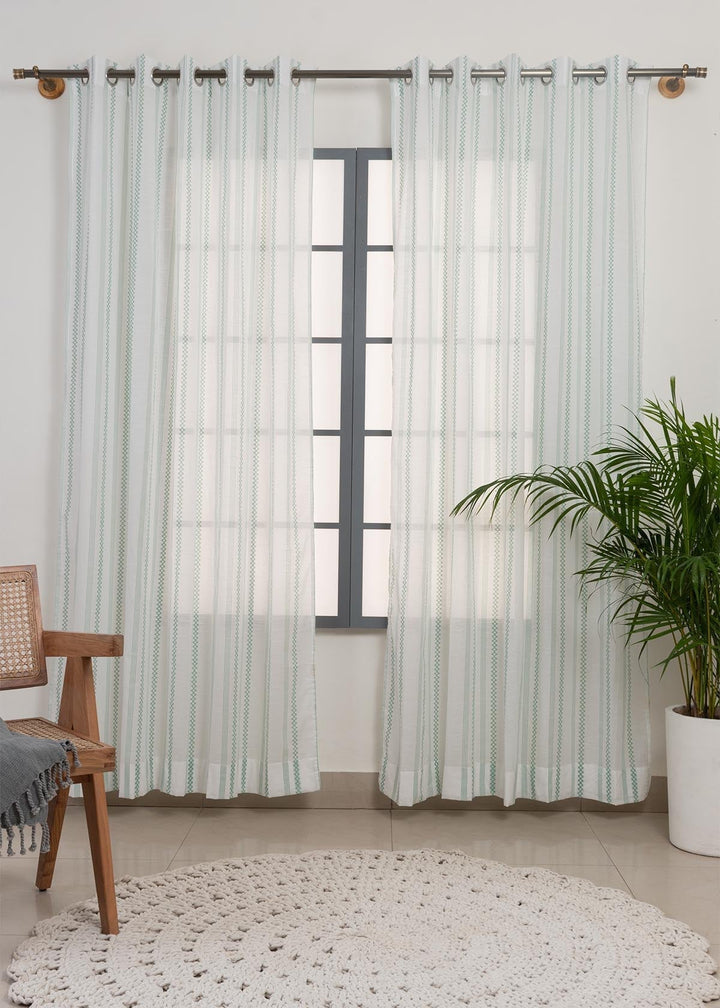 Picket Fence Sage Green 100% Cotton Sheer Geometric curtain for Living room & bedroom - Light filtering - Single Piece  | SHOBITAM