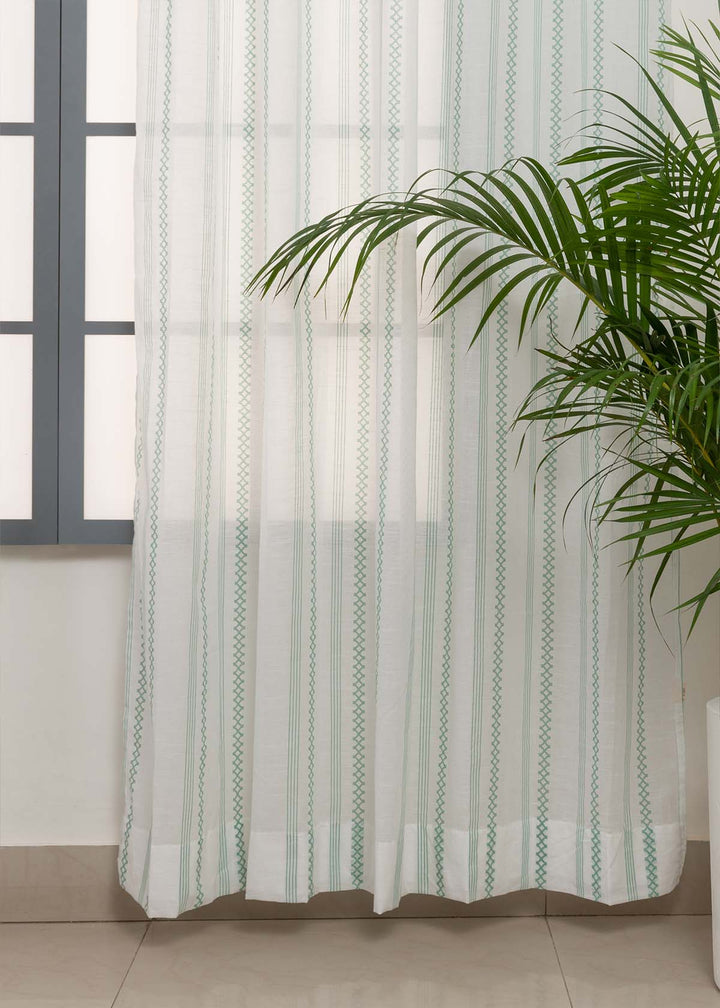 Picket Fence Sage Green 100% Cotton Sheer Geometric curtain for Living room & bedroom - Light filtering - Single Piece  | SHOBITAM