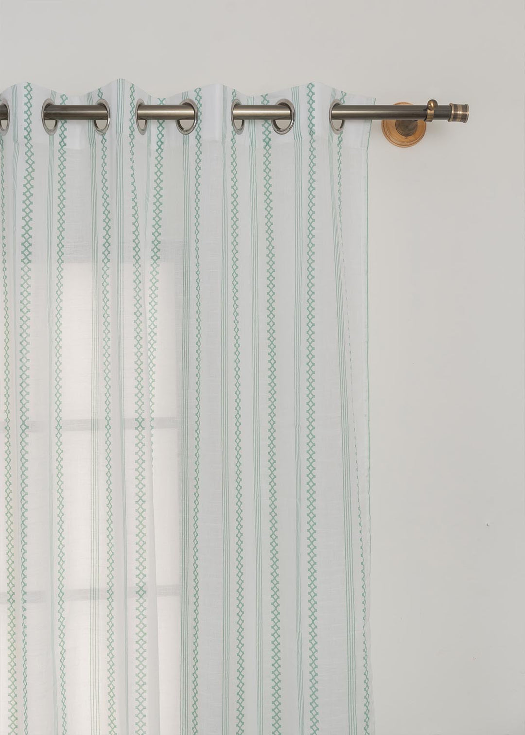 Picket Fence Sage Green 100% Cotton Sheer Geometric curtain for Living room & bedroom - Light filtering - Single Piece  | SHOBITAM